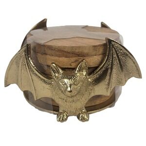 Spooky Hollow Bat Coaster Set 5pc Wood Gold Gothic Halloween Decor New